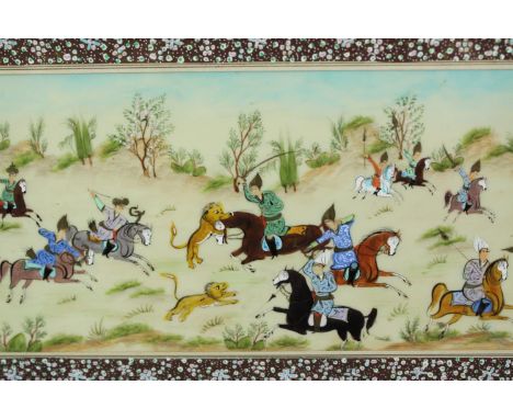A C.1900 Indo Persian hunting scene in a well inlaid frame. H.29 W.53cm. 