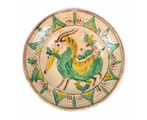   Decorative ceramic bowl, Kuty type, decorated with a goat, author Constantin Colibaba, early 20th century Decorative cerami