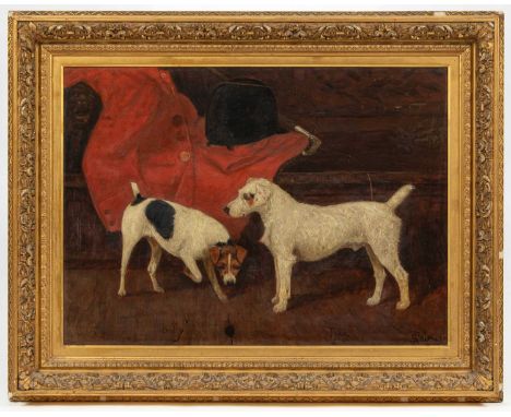 George Paice (1854-1925)Billy and Tykeportrait of two Jack Russell terriers with hunting coat, crop and hatsigned and dated l