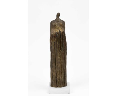 A modern bronze sculpture of a cloaked figure on a square marble base, signed indistinctly, 42cm high