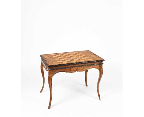 A Continental parquetry top games table with small frieze drawers and cabriole legs, 19th Century, the top inlaid for chess, 