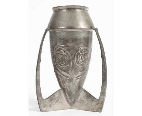 Archibald Knox for Liberty &amp; Co., an Art Nouveau Tudric pewter 'Rocket' vase, unmarked, 18.5cm highSigns of use, surface 