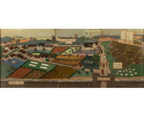 An Arts & Crafts style tapestry collage, with plaque to frame 'Fabric collage depicting Moorfields, taken from a position of 