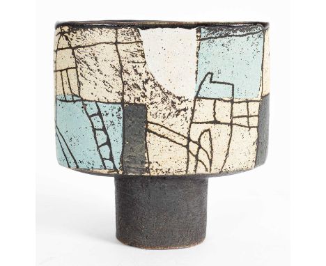 ARR John Maltby (1936-2020) a stoneware vase decorated with stylised buildings, of oval form on circular foot, 14cm wide, 7cm