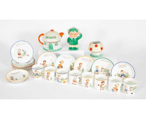A 1930s Shelley Mabel Lucie Attwell Boo Boo tea set comprising: teapot, sugar bowl and jug, together with eight cups, ten sau