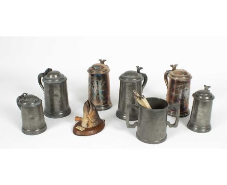 Seven pewter and white metal tankards, various, a set of six silver and mother of pearl handled knives and a taxidermy trout 