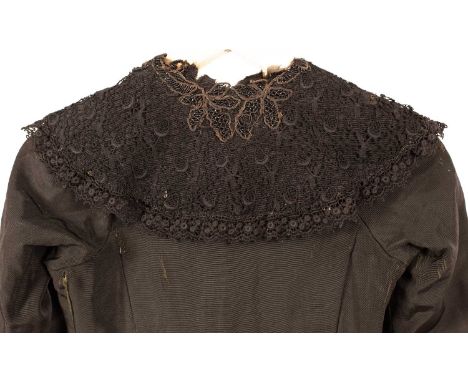 Two late Victorian/Edwardian black bodices, used for theatre production, a black lace blouse, a black velvet cloak, a black v