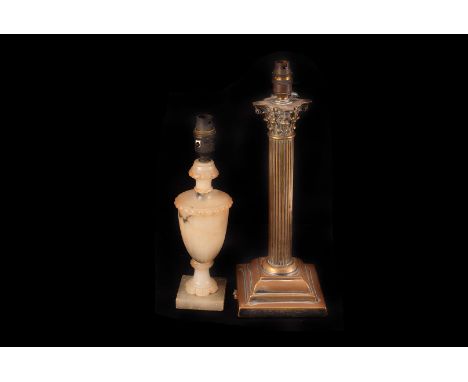 A Brass Corinthian Column Table lamp, 35cms high, formerly plated, together with 5 assorted table lamps in spelter and alabas