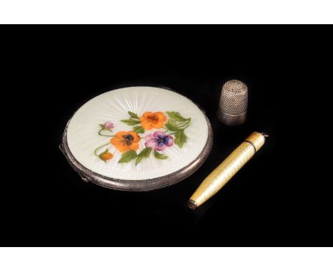 A pretty Art Deco period silver and guilloche enamel retractable fob pencil, engine turned with lemon yellow enamel, together