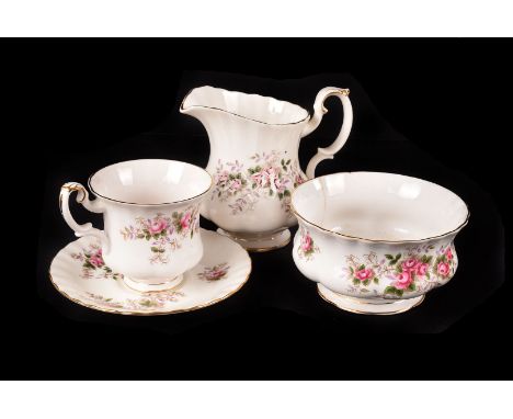 A 1960s Royal Albert porcelain Lavender Rose pattern part tea and coffee service, some items chipped (parcel)