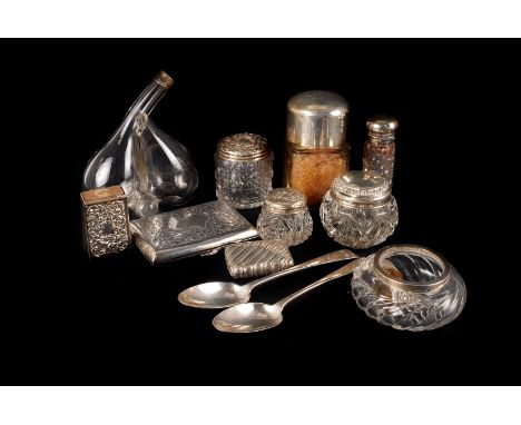 A collection of small silver,  including  silver capped toiletry jars, a set of six Victorian Old English pattern teaspoons, 