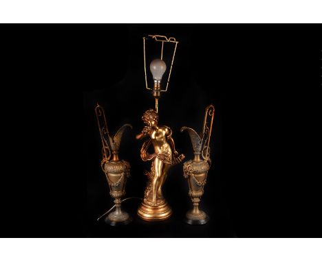 A modern Gilt Plaster lamp, in the form of Diana, with arrows in quiver 41cm to top of head together with a pair of gilt spel