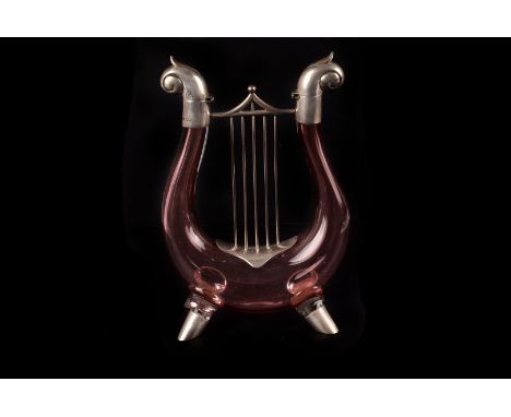 A Late Victorian Novelty pale Cranberry Glass and Silver mounted Lyre Decanter, hallmarked Birmingham 1894, CS & FS, Corneliu