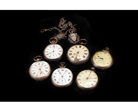 A group of six Victorian and later silver open faced pocket watches, from various makers, most damaged, together with a ladie