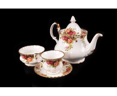 A Royal Albert porcelain Old Country Rose pattern tea set, the set for six including teapot, sugar basin, milk jug, cups, sau