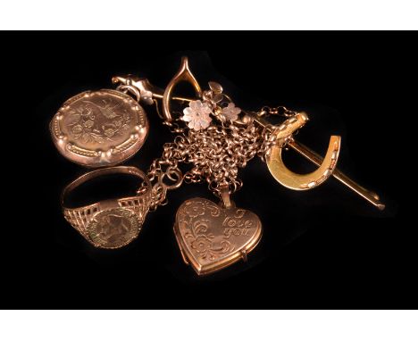 Five 9ct gold and yellow metal items of jewellery, including a heart locket on chain, a circular pendant locket, a Mexican co