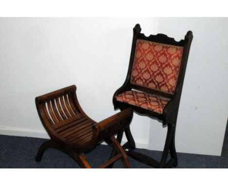A Victorian walnut and upholstered prayer chair, together with a light walnut X-frame stool (2)