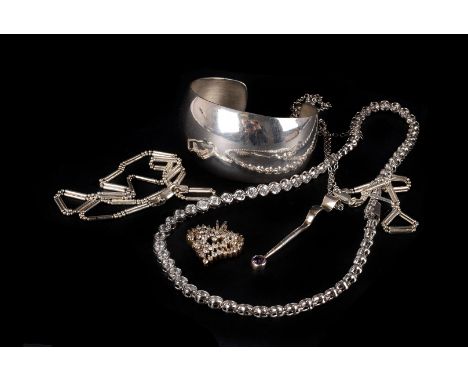 A pretty and modern silver and paste set necklace, together with a cuff bangle marked 925, a gem set pendant, a pendant on ch