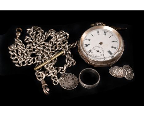 A silver open faced pocket watch,  with white enamel dial, three quarter plate cylinder movement, AF, on a silver curb link c