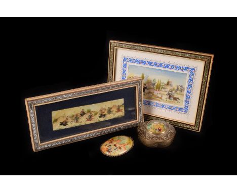 A collection of Persian works of art, comprising three framed pictures , two of polo match the other a hunting scene, an inla