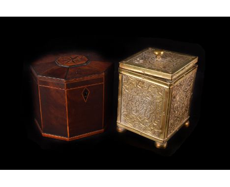 A 19th century fruitwood tea caddy, octagonal form with inlaid bands and star design to cover, together with an Edwardian bra