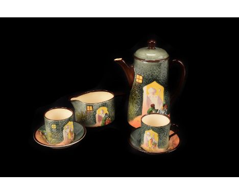 A Royal Doulton Arabian Night Coffee set, with stylised Arabic street seller design in dark rich hues, consisting of Coffee p