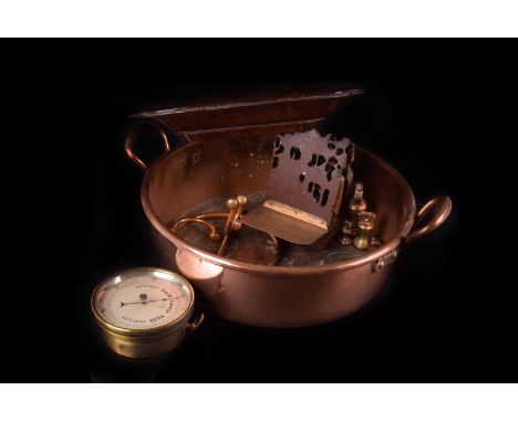 A pair of Chinese carved wooden book ends, together with a large copper pan, a folding coat hook, a barometer, a papier mache