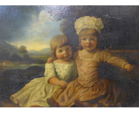 English School (19th Century), portrait of two girls, oil on board, indistinctly signed, 29 x 39cms, framed 