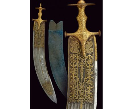 dating: 19th Century provenance: India Very wide, curved, single-and false-edged blade, the first part engraved with gilt fig