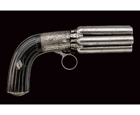dating: mid-19th Century provenance: Liege Six-shot cylinder. Round, smooth, 9 mm cal. blades, made of damask and with number