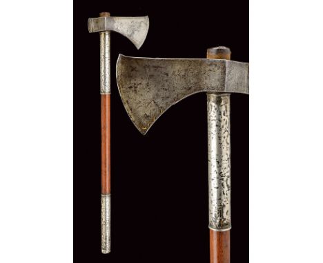 dating: late 18th Century provenance: Persia Iron head with round-edged axe and square handle, ribbed quillon block, remains 