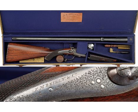 dating: third quarter of the 19th Century provenance: England Heavy, rifled, blued, round, 13 mm cal. barrel, checkered at th