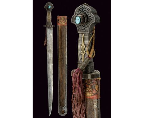 dating: first quarter of the 19th Century provenance: Tibet Straight, single-edged blade of polished parmor; iron hilt, pierc