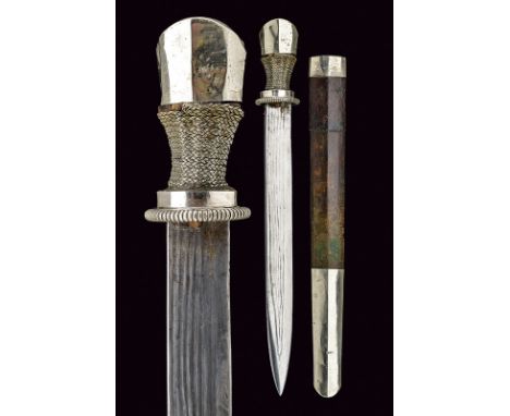 dating: circa 1900 provenance: Tibet Strong, single-edged blade with several grooves; wooden grip with silver mounts and wire