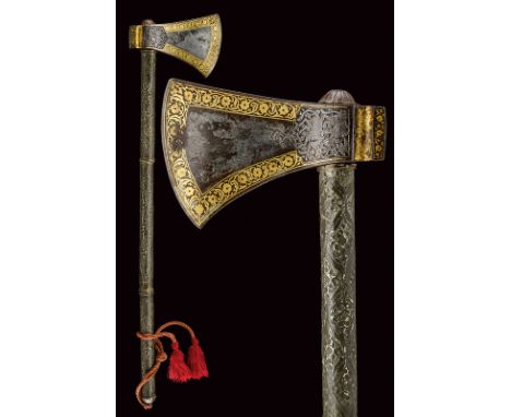 dating: 18th Century provenance: India Strong, convex-edged axe, made of damask, cusped toward the bottom, the back slightly 