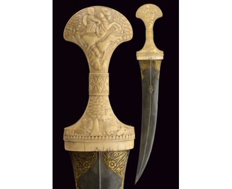 dating: 18th Century provenance: Persia Wide, curved, double-edged blade made of fine, dark damask. Decorated with a flower a