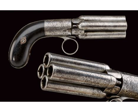 dating: mid-19th Century provenance: Liege Four round, smooth. 9 mm cal. barrels; oval, iron frame, engraved with floral moti