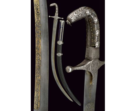 dating: 19th Century provenance: Ottoman Empire Flat, wootz damask, single-and false-edged blade, gilt, Arabic writings at th