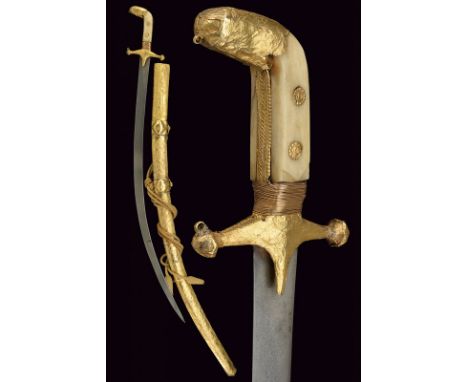 dating: 19th Century provenance: Arabia Curved, flat, single-edged blade made of fine, Persian damask; iron hilt with gold le