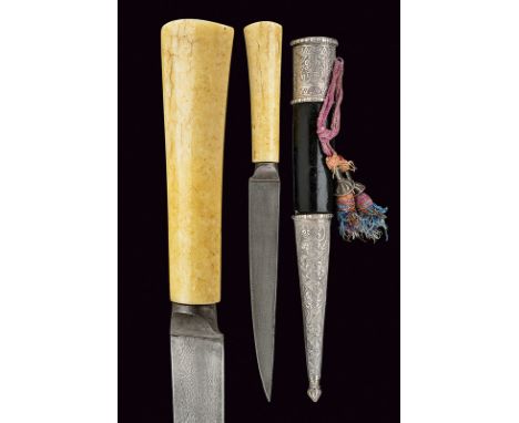 dating: 19th Century provenance: Persia Straight, single-edged blade made of beautiful, wootz damask; elegant, walrus-ivory g