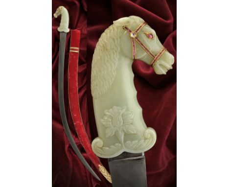 dating: circa 1800 provenance: India Moghul Flat, curved, single-edged blade made of fine damask, with small tang. Massive, l
