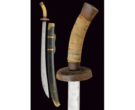 dating: 19th Century provenance: China Wide, curved, single-edged blade decorated with grooves and circular, brass inlays. Ir