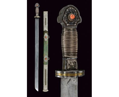 dating: 19th Century provenance: Tibet Straight, single-edged blade; iron hilt with silver and brass decorations, a cabochon 