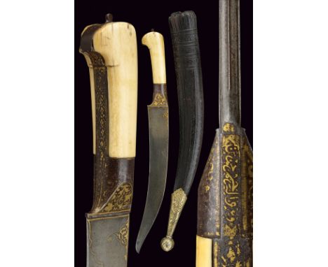 dating: 18th Century provenance: Persia Wide, curved blade made of fine damask, raisers at the back and gold frame at the bas