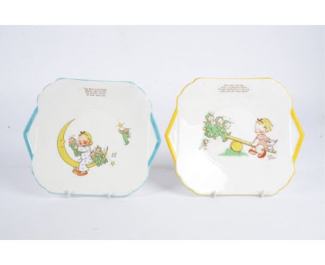 Two Shelley Mabel Lucie Attwell plates,  both with triangular handles, the first 'See-saw, see-saw' with a child and dog bala