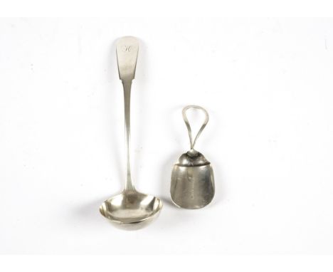 Two Georgian silver items,   the first a tea caddy scoop, and a Scottish ladle, hallmarks may suggest Samuel Pemberton and W.