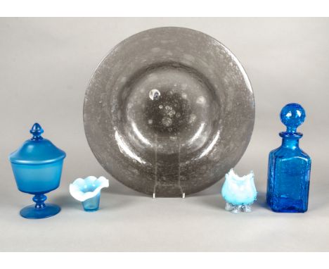 A pair of late Victorian blue opaline glass vases decorated with plants and strawberries,   height 28cm, together with severa
