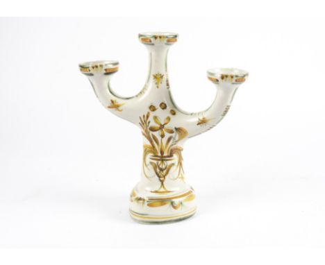 A stylish Quimper Keraluc 1960's candelabra,   with hand painted decoration of flowers rising from a vase, three branches, ma