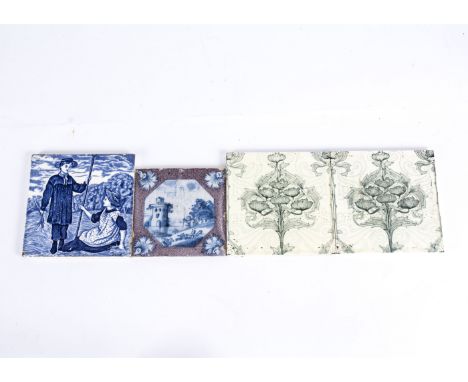 Five Victorian Mintons tiles,  transfer printed with a floral pattern, verso marked no.2861, 15cm x 15cm, together with a Jos
