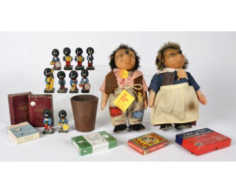 A Steiff Micki and Mrs Micki, together with a golly hand painted band group and a collection of various playing cards 